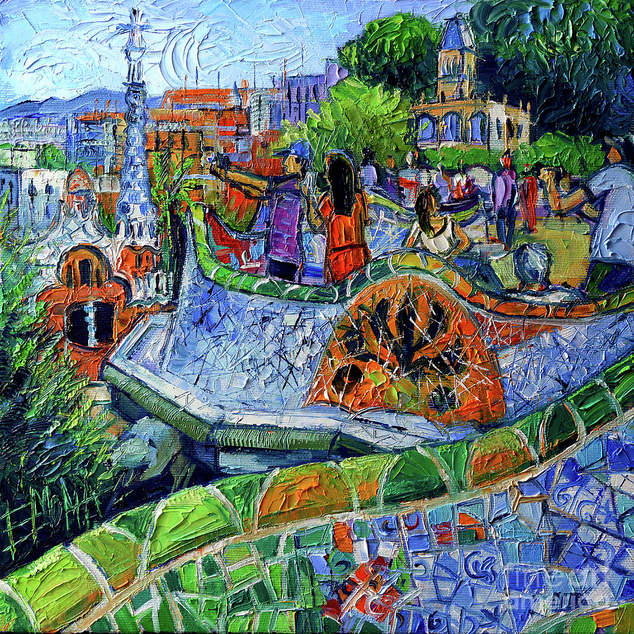 PARK GUELL MEMORIES - Barcelona Impression Palette Knife Oil Painting Painting by Mona Edulesco