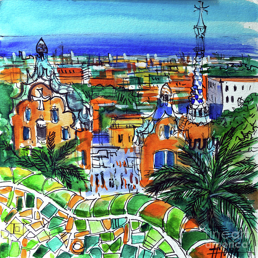 Park Guell Overlooking Barcelona Painting by Mona Edulesco