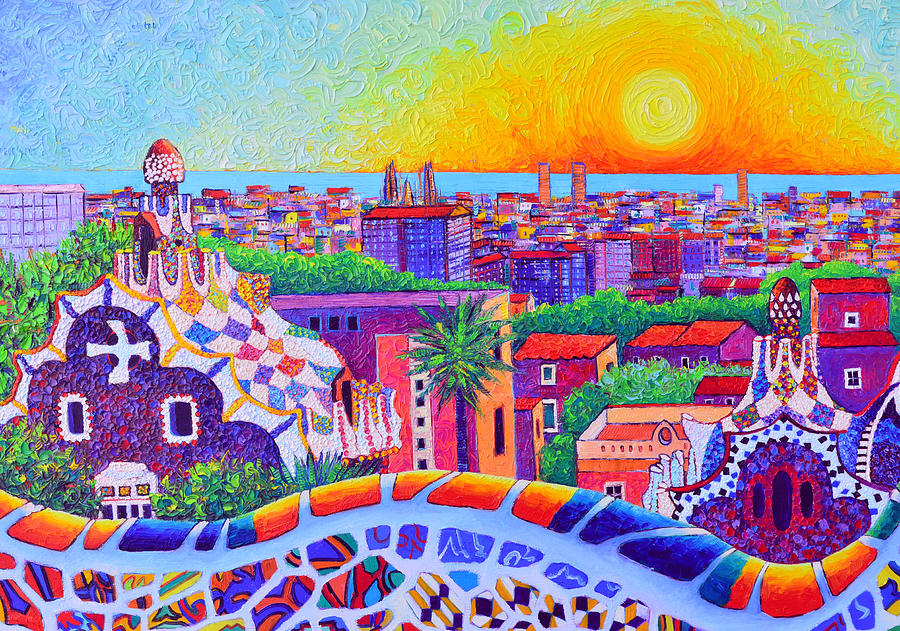 PARK GUELL SUNRISE BARCELONA impasto textural impressionist knife oil painting by Ana Maria Edulescu Painting by Ana Maria Edulescu
