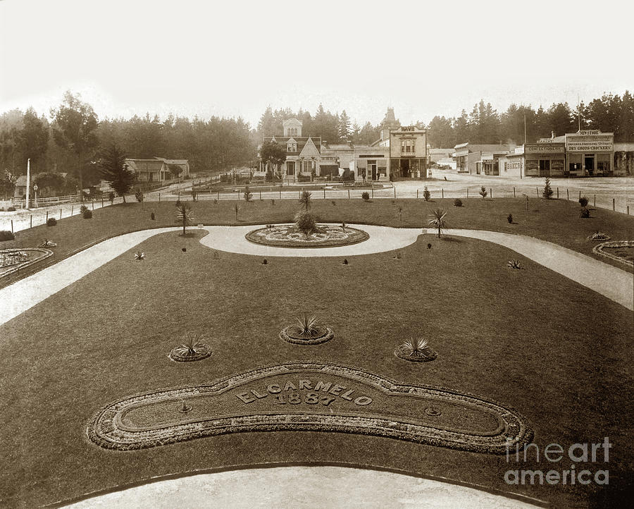 Fountain Photograph - Park in front of El Carmelo Hotel between Grand and Fountain and Lighthouse Avenue. 1887 by Monterey County Historical Society