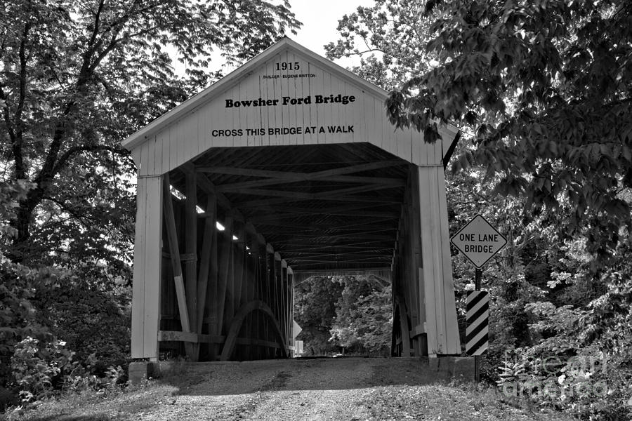 Parke County Bowsher Ford Covered Bridge Black And White Photograph by Adam Jewell