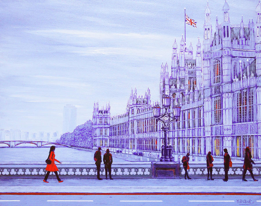 Parliament and the Lady in Red Painting by Mark Woollacott