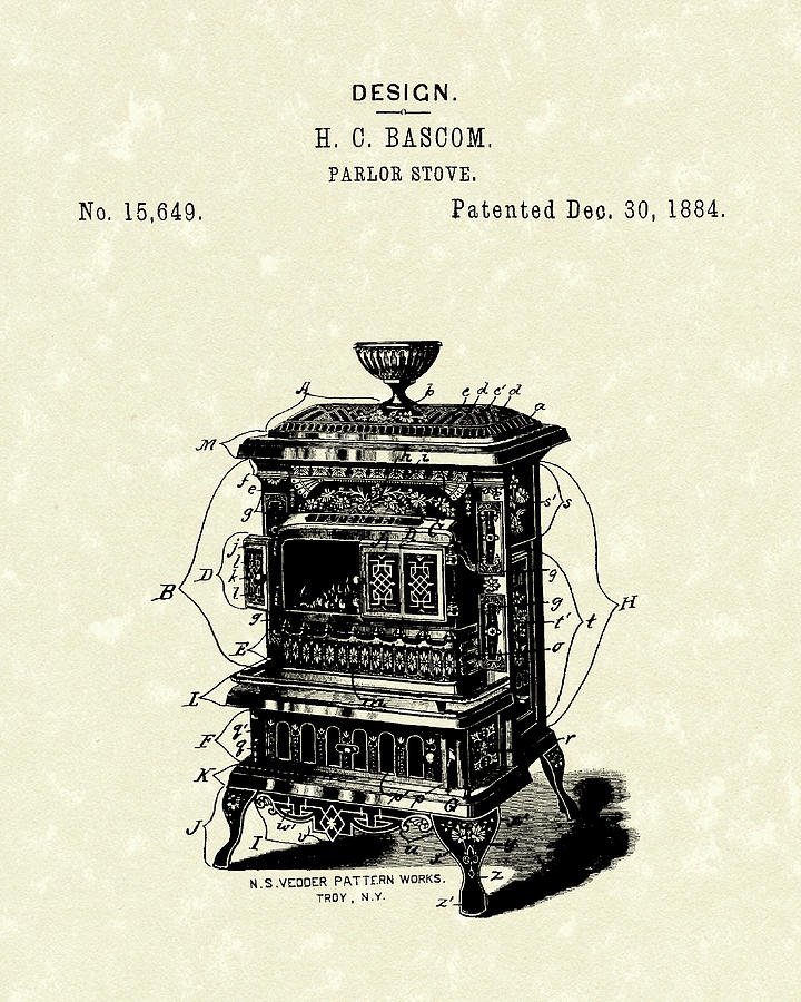 Parlor Stove Bascom 1884 Patent Art Drawing by Prior Art Design