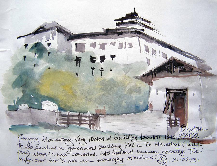 Landscape Drawing - Paro Dzong by Sanjeev Joshi