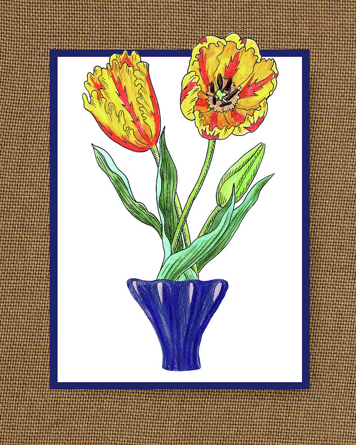Parrot Tulips In The Blue Vase Watercolor On Canvas Painting
