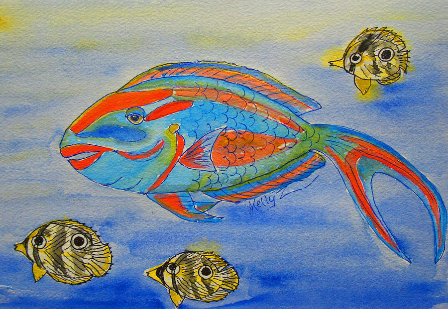 Parrotfish and Butterflies Painting by Kelly Smith