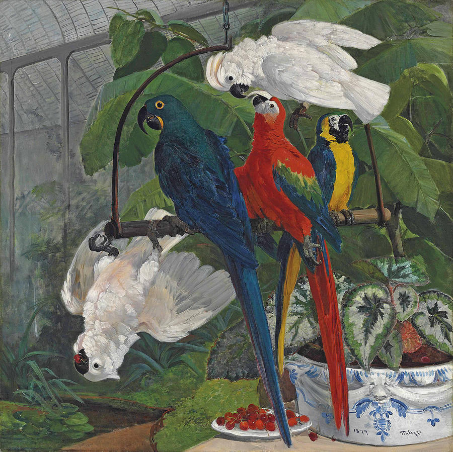 Parrots in a tropical glasshouse Painting by Filippo Palizzi