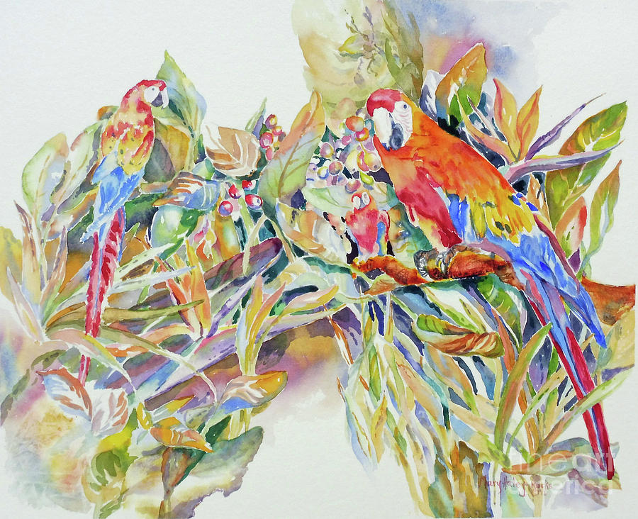 Parrots in Paradise Painting by Mary Haley-Rocks