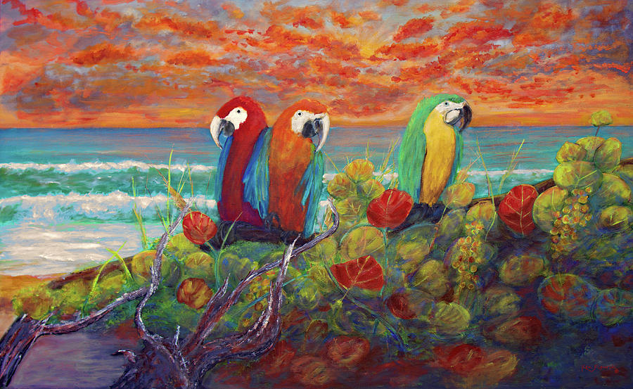 Parrots On Sunset Beach Painting by Ken Figurski