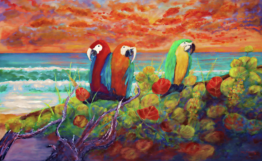 Parrots On The Beach Painterly Mixed Media by Ken Figurski
