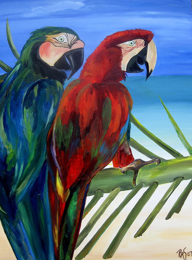 Parrots on the Beach Painting by Patti Schermerhorn