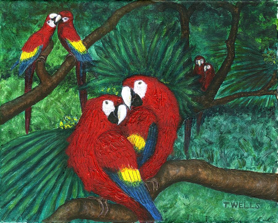 Parrots Painting - Parrots Preening by Tanna Lee M Wells Parrots Painting - Parrots Preening by Tanna Lee M Wells