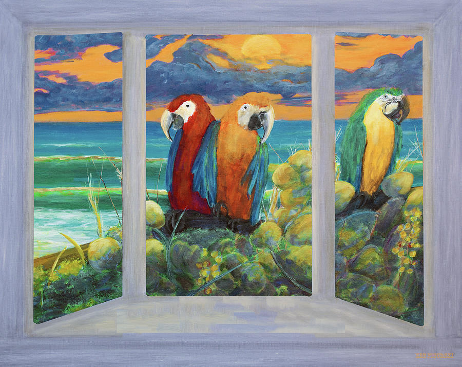 Parrots Through The Window Painting Mixed Media by Ken Figurski