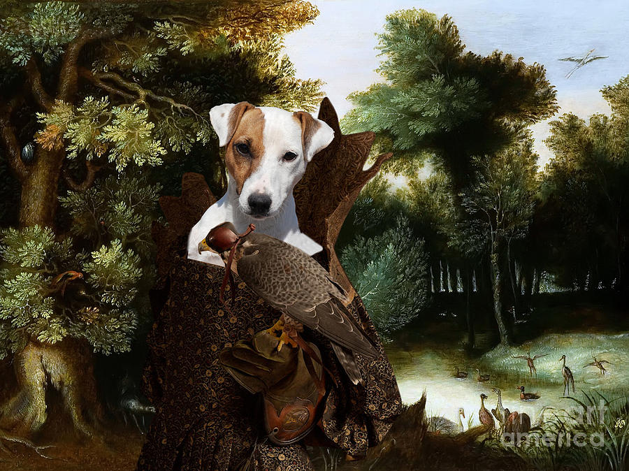 Parson Russell Terrier Art - Forest landscape with a hunter and Noble Lady Painting by Sandra Sij