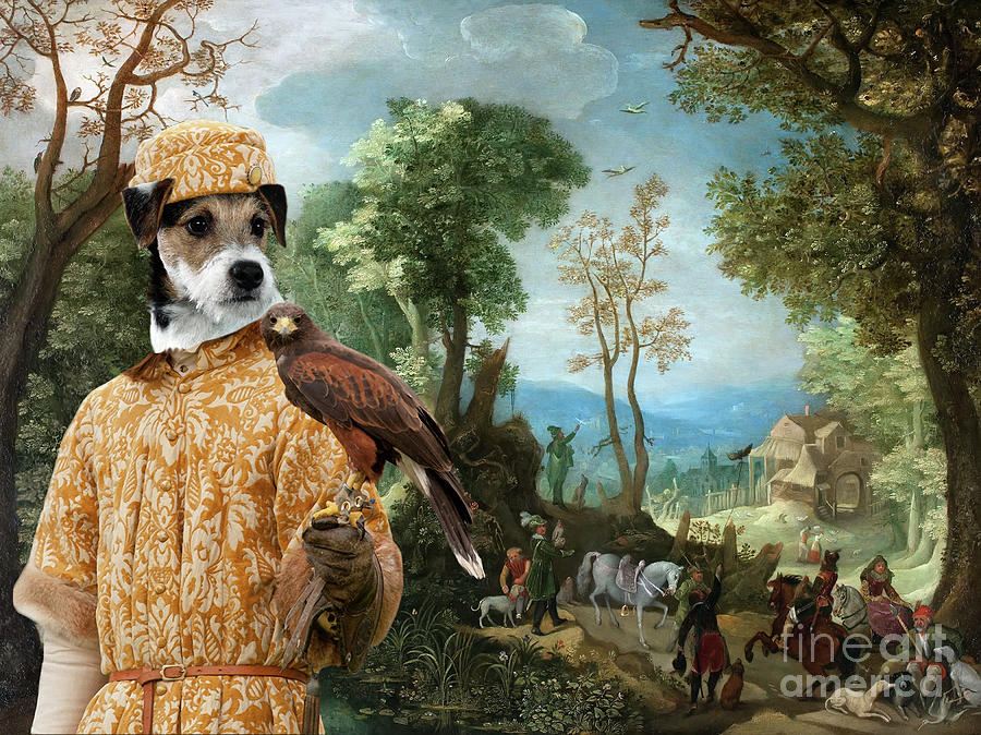 Parson Russell Terrier Art - LANDSCAPE WITH HUNTERS Painting by Sandra Sij