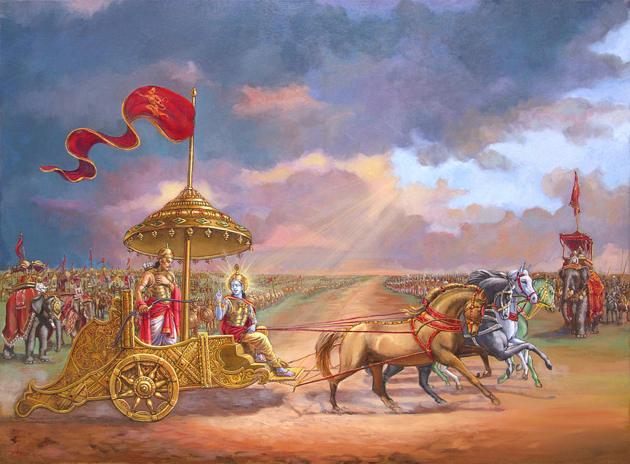 Horse Painting - Partha Sarathi  Krishna speaks the Bhagavad-Gita to Arjuna by Dominique Amendola