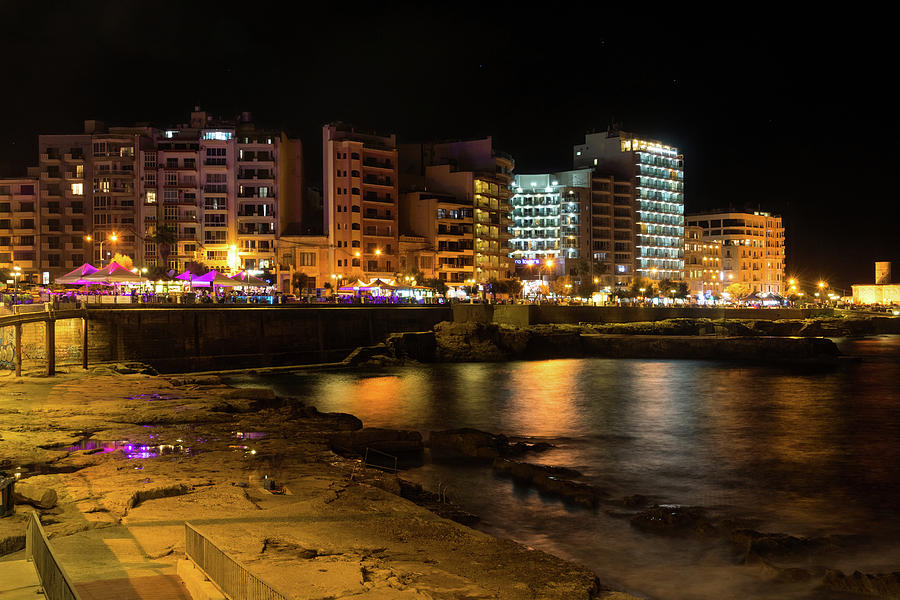 Particolored Midnight - Tower Road Waterfront in Sliema Malta Photograph by Georgia Mizuleva