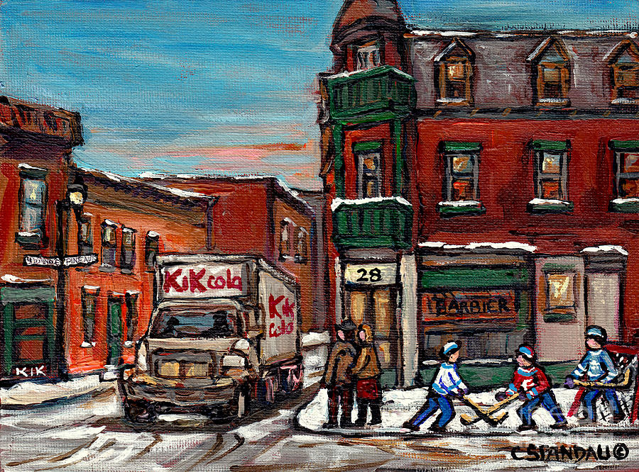 Partie De Hockey De Rue Scene De Ville De Montreal En Hiver Avec Camion De Kik Cola Ave Des Pins Painting by Carole Spandau
