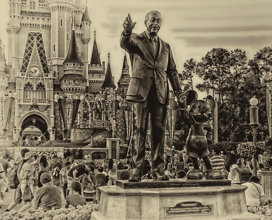 Black And White Photograph - Partners Statue Walt Disney And Mickey in Black and White MP by Thomas Woolworth