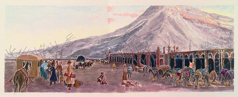 Party arriving at a caravanserai at dusk Painting by Sue Podger