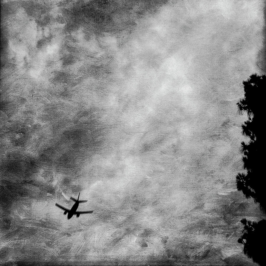 Passenger Jet Airliner Cloudy Sky Over Burbank In Bw Photograph