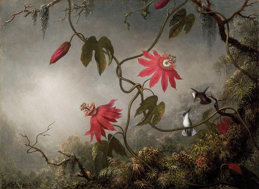 Passion Flowers and Hummingbirds Painting by Johnson Heade
