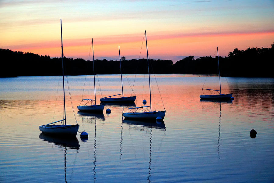 Sunset Photograph - Pastel lake and boats simphony by Lilia S