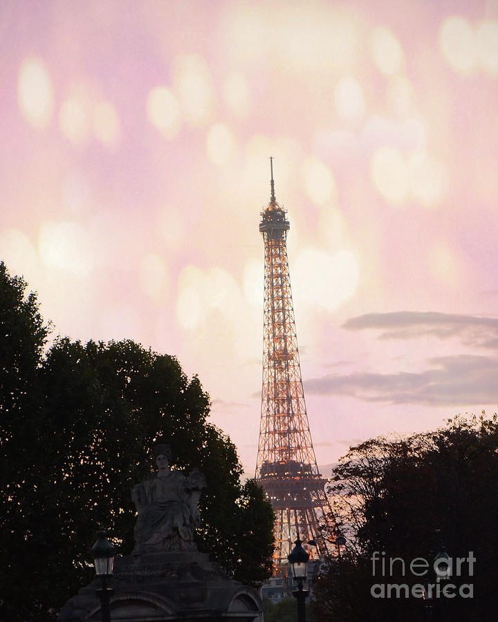 Pastel Paris Eiffel Tower Sunset Bokeh Lights - Romantic Eiffel Tower Pink Pastel Home Decor Photograph by Kathy Fornal
