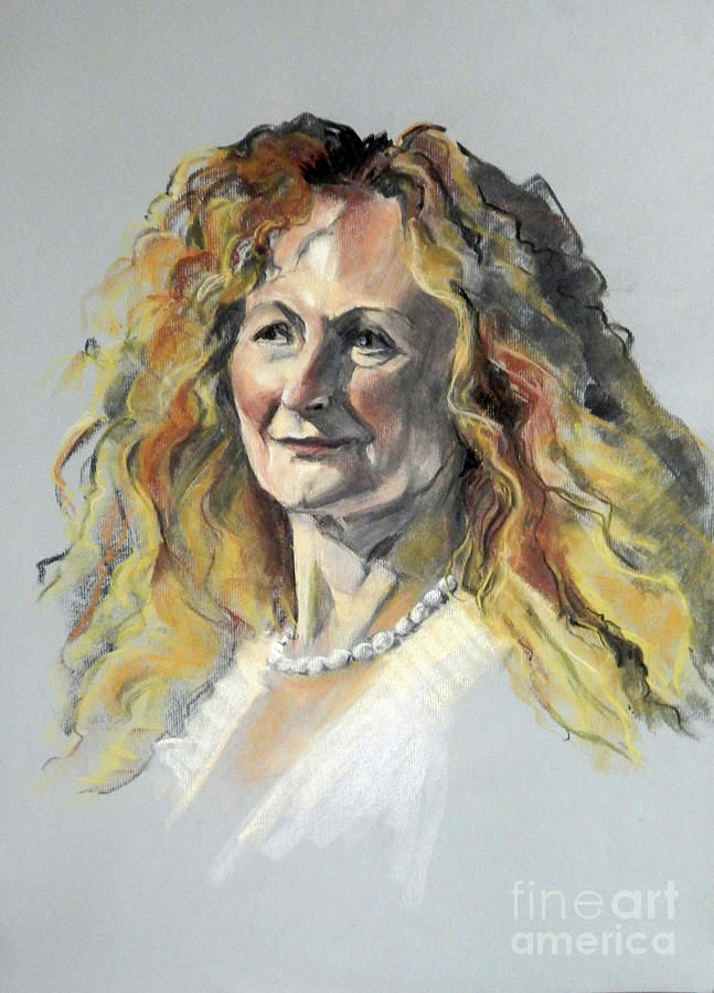 Pastel portrait of frizzy-haired model wearing pearls Painting by Greta Corens
