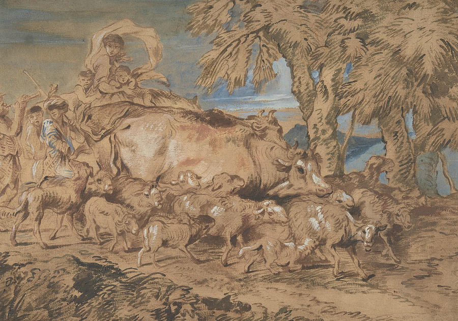 Pastoral Scene - Nomads with Sheep and Cattle Drawing by Giovanni Benedetto Castiglione