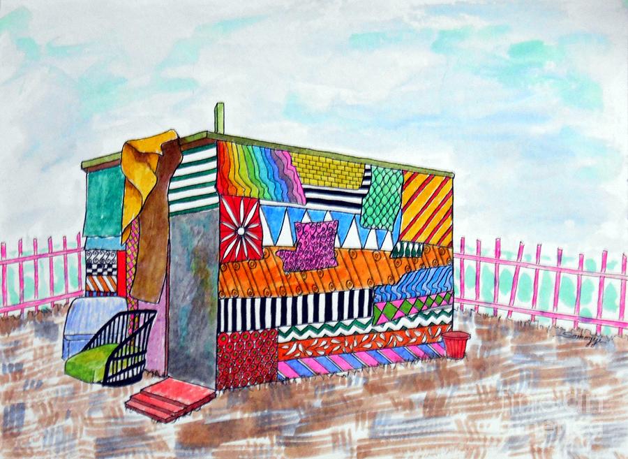 Patchwork Pad -- Whimsical Colorful Shack Painting by Jayne Somogy