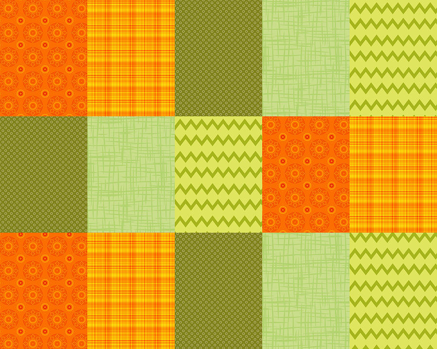 Patchwork Patterns - Orange and Olive Digital Art by Shawna Rowe