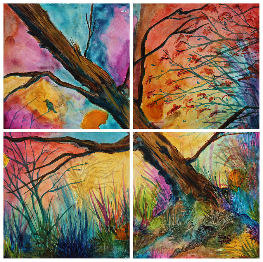 Patchwork Sky tree painting with colorful sky Painting by Jaime Haney