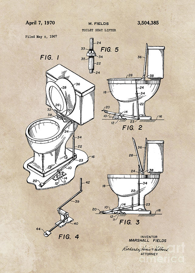 patent art Fields Toilet seat lifter 1967 Digital Art