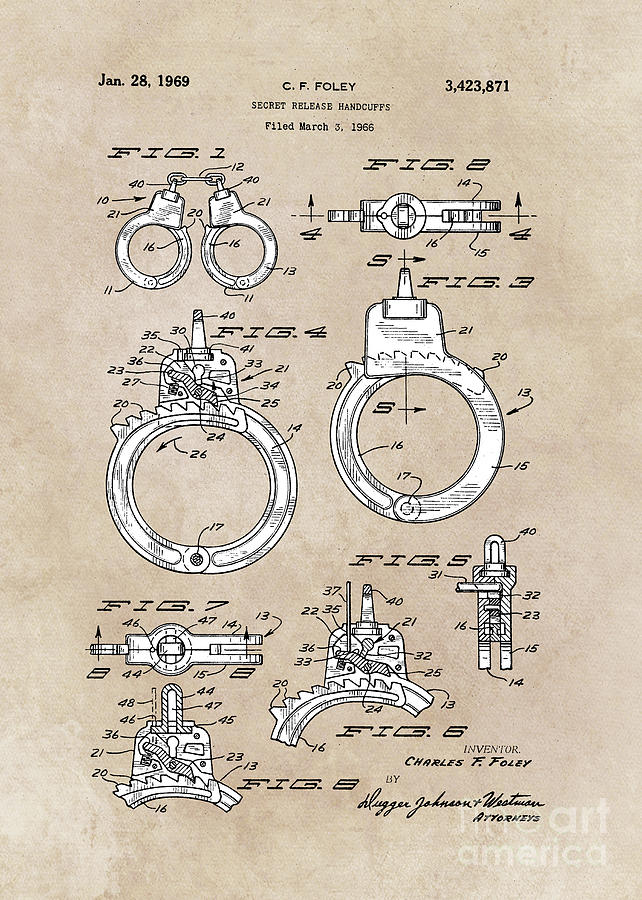 patent art Foley Secret Release Handcuffs 1966 Digital Art by Justyna Jaszke JBJart