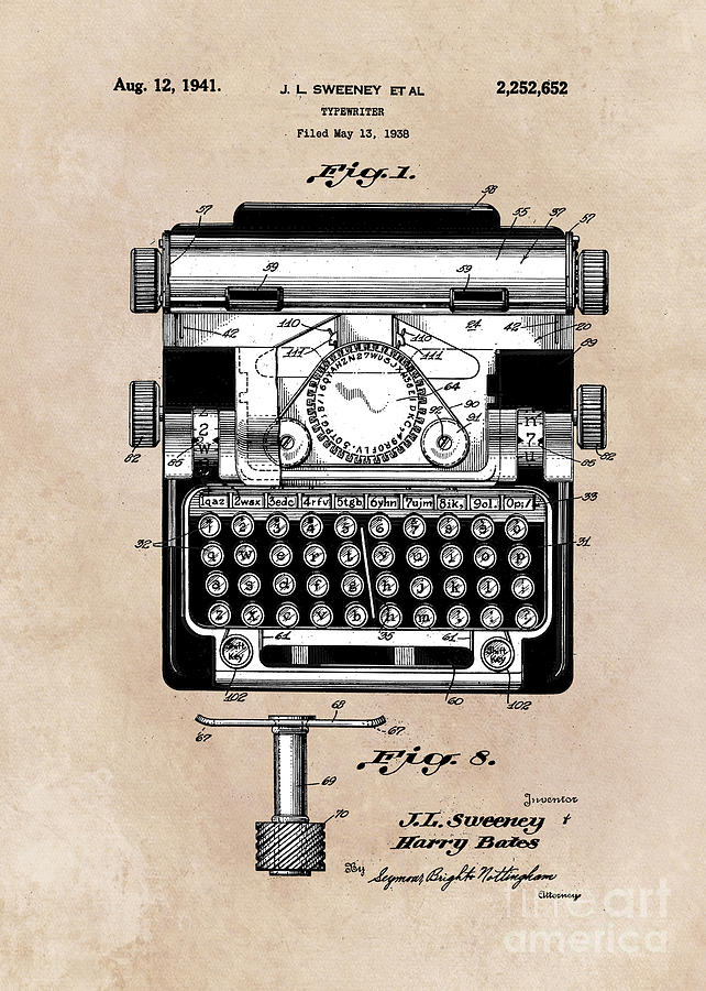 patent art typewriter Sweeney 1938 Digital Art by Justyna Jaszke JBJart