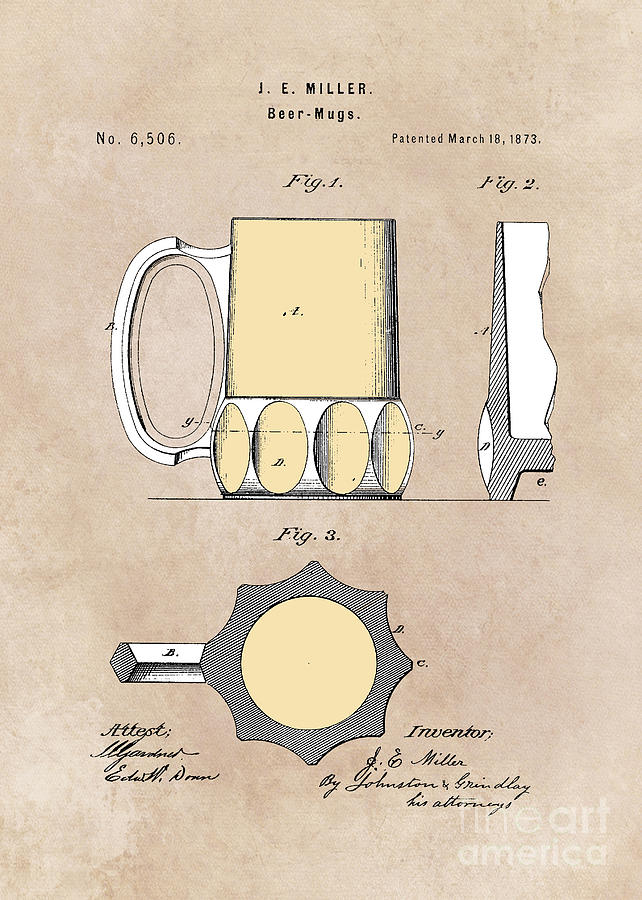 patent Beer Mugs Miller 1873 Digital Art by Justyna Jaszke JBJart