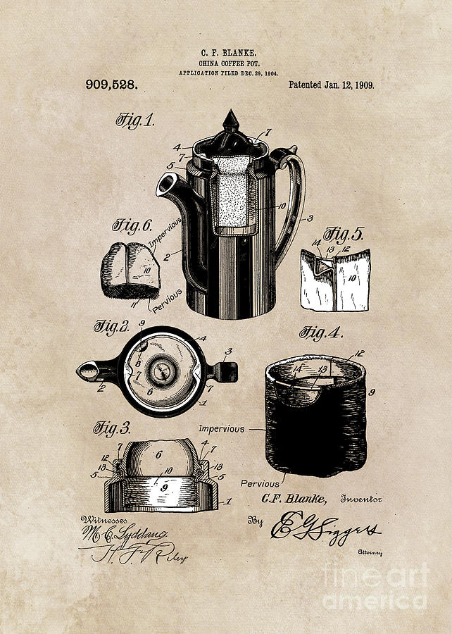 patent China Coffee pot  Blanke 1909 Digital Art by Justyna Jaszke JBJart