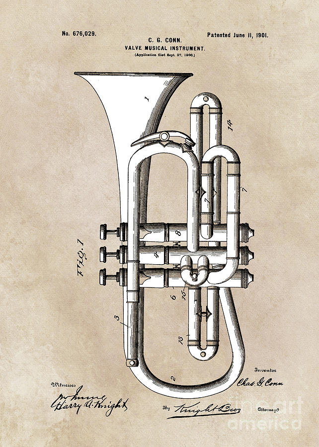 patent Conn  Valve Musical Instrument 1901 Digital Art by Justyna Jaszke JBJart