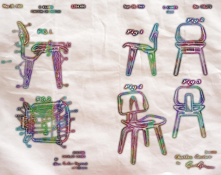 Patent Eames Chair Drawing Neon Print Poster Painting by Robert R Splashy Art Abstract Paintings