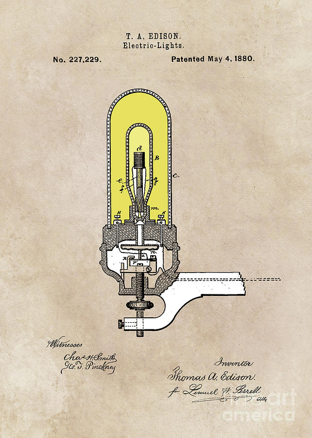 patent  Edison Electric Lights 1880 Digital Art by Justyna Jaszke JBJart