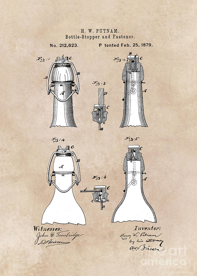 patent Putnam Bottle Stopper and Fastener 1879s Digital Art by Justyna Jaszke JBJart