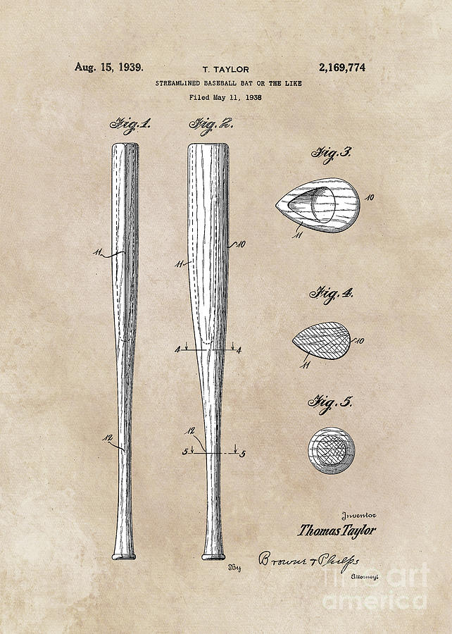 patent Taylor Streamlined baseball bat or the like 1938 Digital Art by Justyna Jaszke JBJart