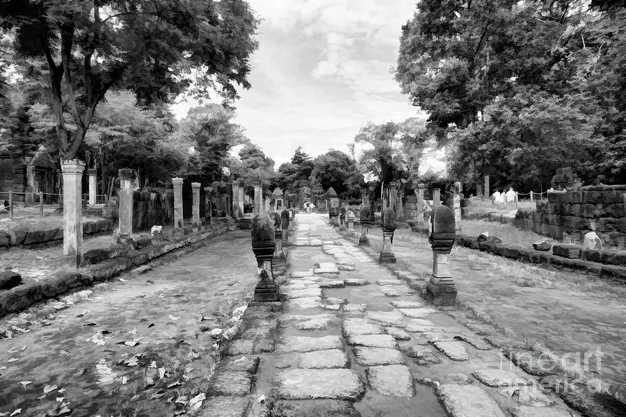 Buddha Photograph - Path to Banteay Srei Temple Cambodia Black White  by Chuck Kuhn