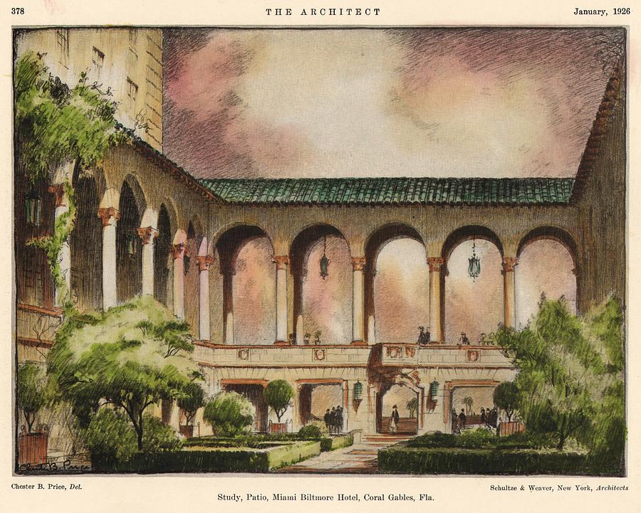 Patio at Miami Biltmore Hotel. Coral Gables Florida 1926 Painting by Schultze and Weaver