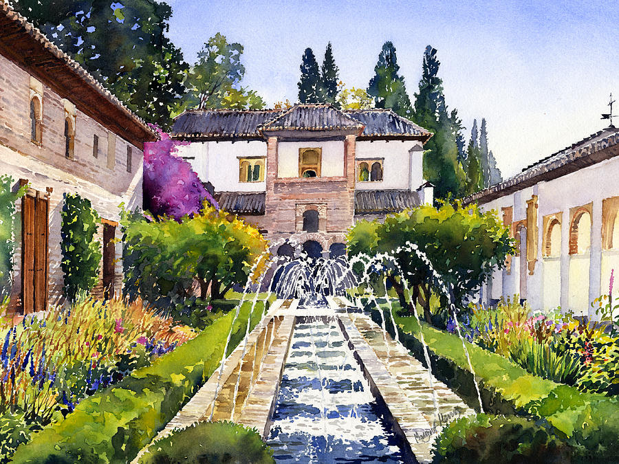 Alhambra Painting - Patio de la Acequia Generalife Granada in Autumn by Margaret Merry