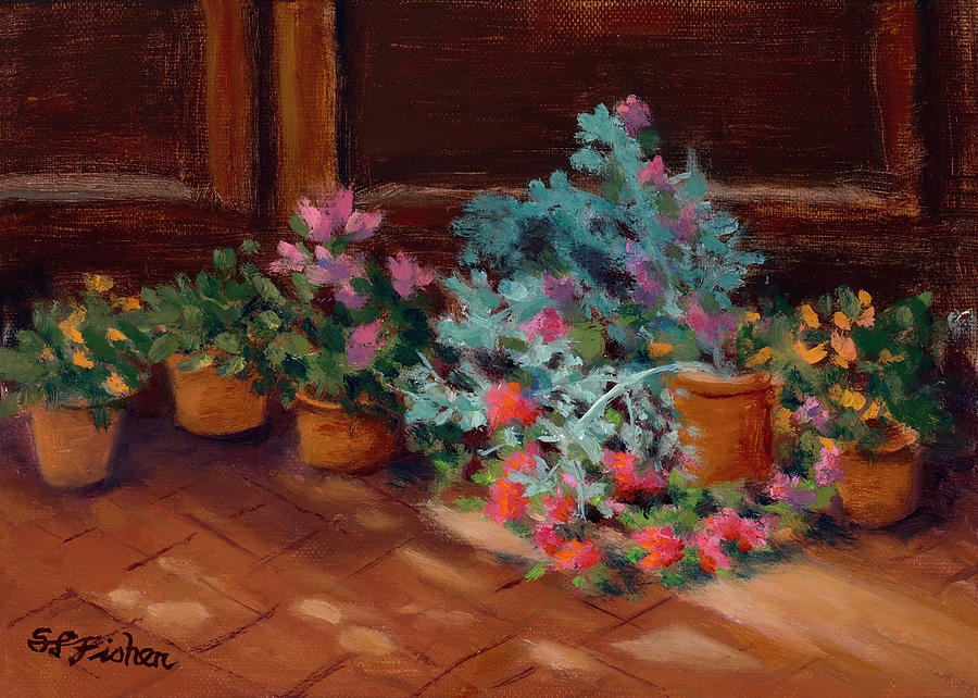 Patio Pots Painting by Sandy Fisher