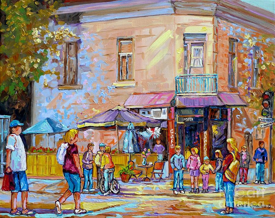 Patio Umbrellas Cafe Bistro Barros Paris Style Colorful Streetscene Painting Montreal 375  Painting by Carole Spandau
