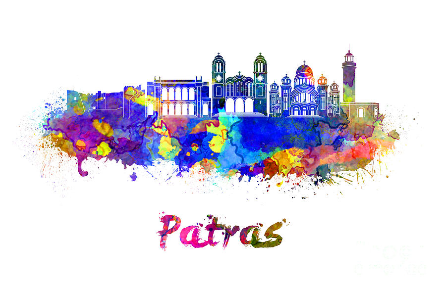 Patras skyline in watercolor Painting by Pablo Romero