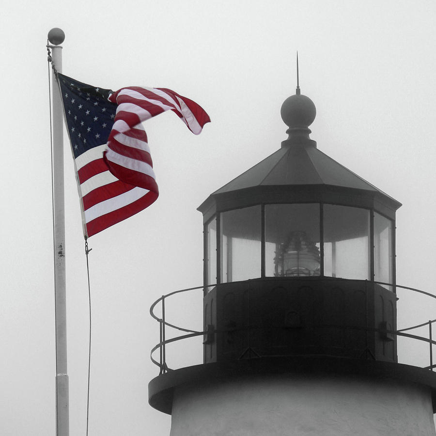 Lighthouse Photograph - Patriotic Lighthouse - 14x14, reverse black and white by Lee Hart